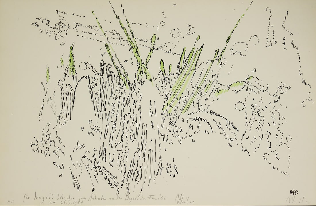 Max Weiler* (Absam 1910 - 2001 Vienna): Max Weiler* (Absam 1910 - 2001 Vienna)Abstract view of a forest, 1980lithograph, watercolored/paper 43,1 x 61 cmmonogrammed W, dated 73inscribed Für Irmgard Schröder zum Andenken an dem Besuch der