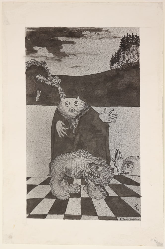 Robert Zeppel-Sperl* (Leoben 1944 - 2005 Vienna): Robert Zeppel-Sperl* (Leoben 1944 - 2005 Vienna)Owl and bear, 1970indian ink/paper 38 x 28 cmsigned R. Zeppel-Sperl, dated 1970SCHÄTZPREIS / ESTIMATE € 200 - 300</