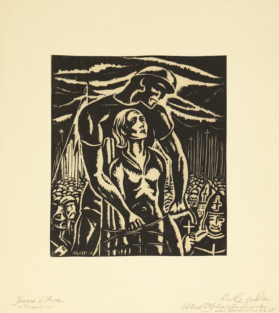 Theodor Alescha* (Vienna 1898 - 1991 Lilienfeld): Theodor Alescha* (Vienna 1898 - 1991 Lilienfeld)Joan of Arc, 1965woodcut/paper 28,5 x 22,7 cmsigned Alescha, inscribed Jean d'ArcFür Erich Fitzbauer zur Erinnerung an den Besuch am 8.I.65 Alescha<