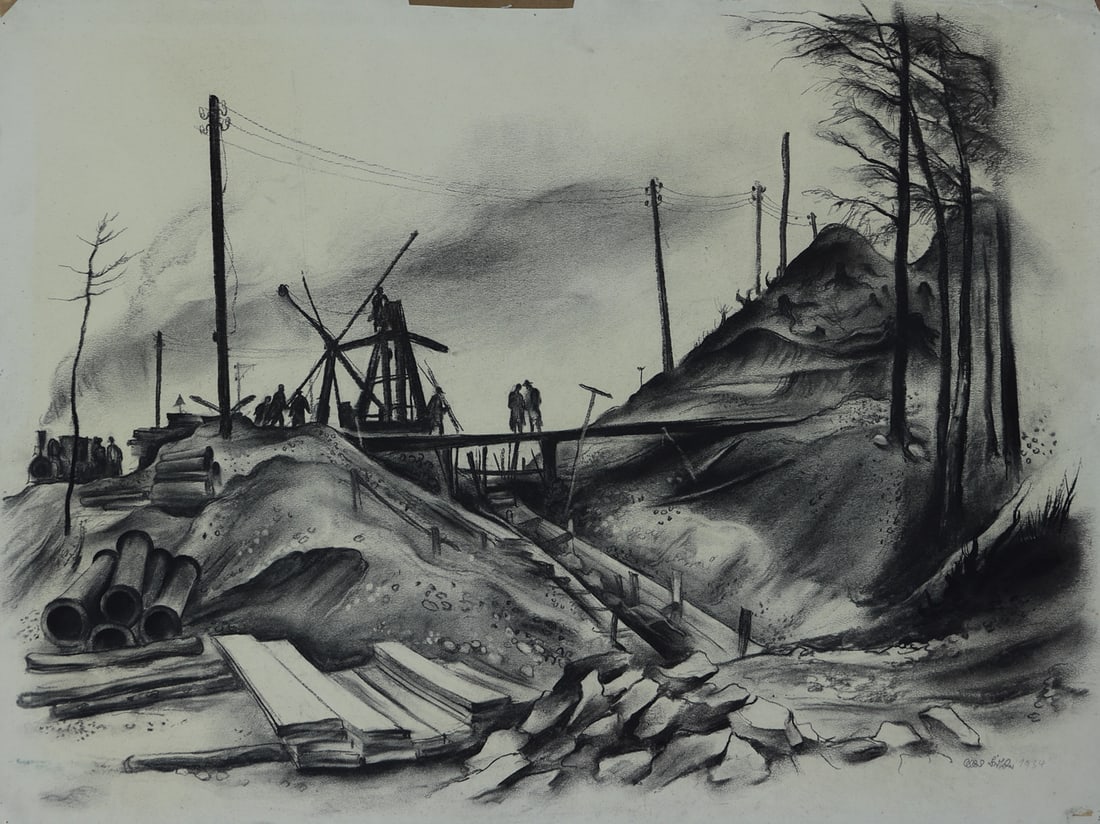 Albert Birkle* (Berlin 1900 - 1986 Salzburg): Albert Birkle* (Berlin 1900 - 1986 Salzburg)Saw mill I, 1934charcoal/paper 47 x 64 cmsigned A. Birkle, dated 34SCHÄTZPREIS / ESTIMATE € 1000 - 2000STARTPREIS