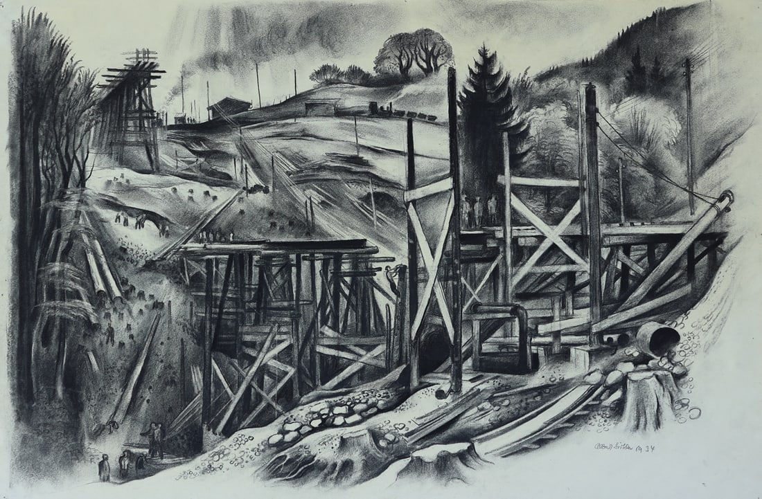 Albert Birkle* (Berlin 1900 - 1986 Salzburg): Albert Birkle* (Berlin 1900 - 1986 Salzburg)Saw mill II, 1934charcoal/paper 44 x 63 cmsigned A. Birkle, dated 1934SCHÄTZPREIS / ESTIMATE € 1000 - 2000STARTPREIS / STARTING PRICE € 1000The