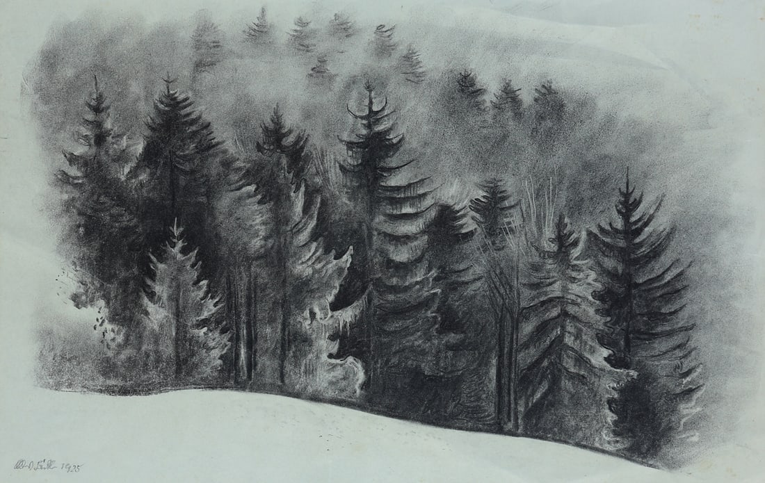Albert Birkle* (Berlin 1900 - 1986 Salzburg): Albert Birkle* (Berlin 1900 - 1986 Salzburg)Forest in winter I, 1925charcoal/paper 44 x 33 cmsigned A. Birkle, dated 1925SCHÄTZPREIS / ESTIMATE € 1000 - 2000STARTPREIS / STARTING PRICE €