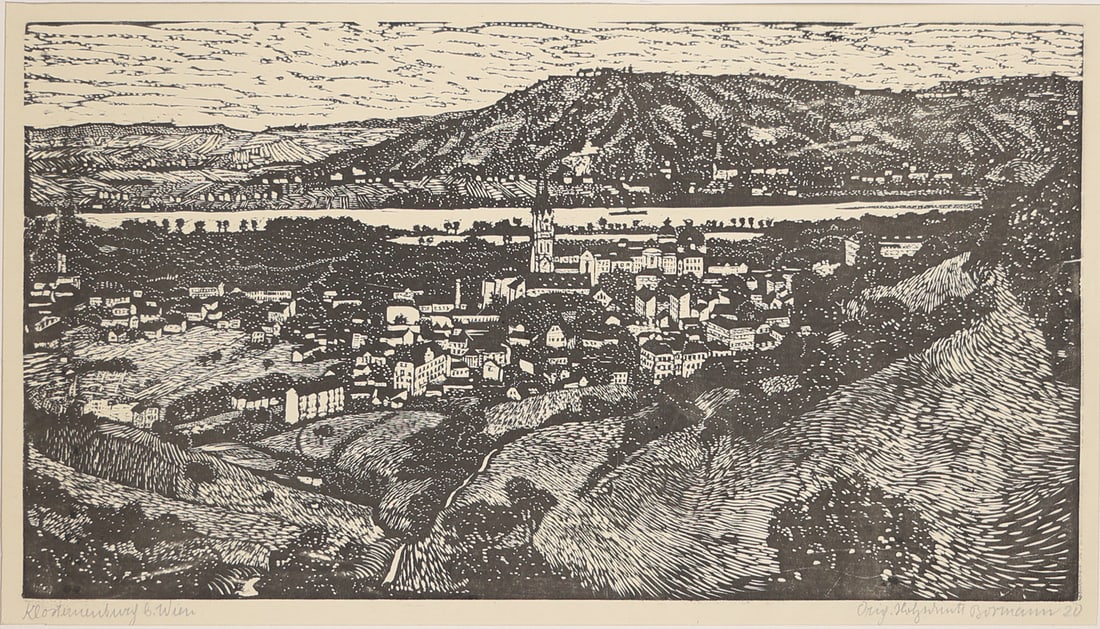 Emma Bormann* (Vienna 1887 - 1974 Riverside, CA): Emma Bormann* (Vienna 1887 - 1974 Riverside, CA)Klosterneuburg, 1920woodcut/paper 21,8 x 41 cmsigned Bormann, dated 20inscribed Klosterneuburg b. Wien, Orig. HolzschnittSCHÄTZPREIS / ESTIMATE €