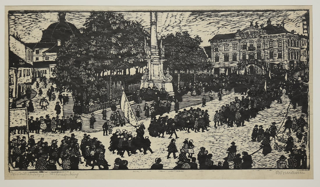 Emma Bormann* (Vienna 1887 - 1974 Riverside, CA): Emma Bormann* (Vienna 1887 - 1974 Riverside, CA)Klosterneuburgwoodcut/paper 45,7 x 62,5 cmsigned Bormann, inscribed KlosterneuburgSCHÄTZPREIS / ESTIMATE € 300 - 600STARTPREIS / STARTING PRICE