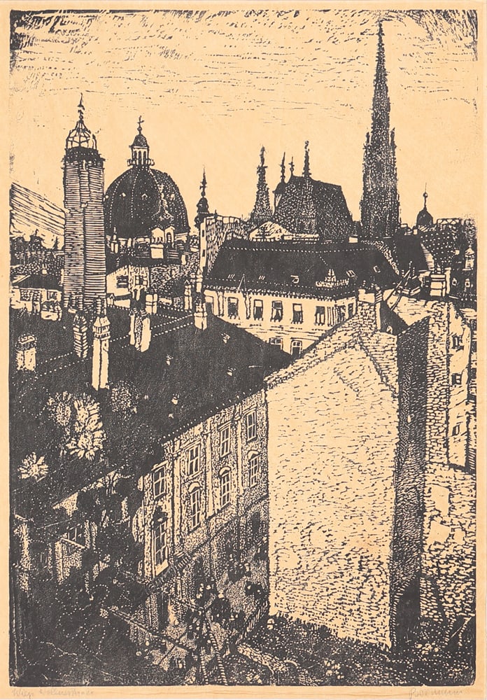 Emma Bormann* (Vienna 1887 - 1974 Riverside, CA): Emma Bormann* (Vienna 1887 - 1974 Riverside, CA)Vienna, Wallnerstraßewoodcut/paper 43 x 30 cmsigned Bormann, inscribed Wien WallnerstraßeSCHÄTZPREIS / ESTIMATE € 400 - 600STARTPREIS /
