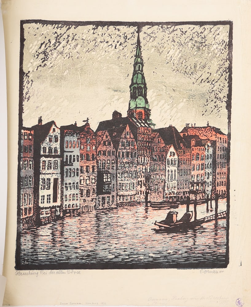 Emma Bormann* (Vienna 1887 - 1974 Riverside, CA): Emma Bormann* (Vienna 1887 - 1974 Riverside, CA)Hamburg, near the old exchange, 1926color woodcut/paper 34,5 x 30,5 cmsigned Bormann, inscribed Hamburg Bei der alten BörseSCHÄTZPREIS / ESTIMATE