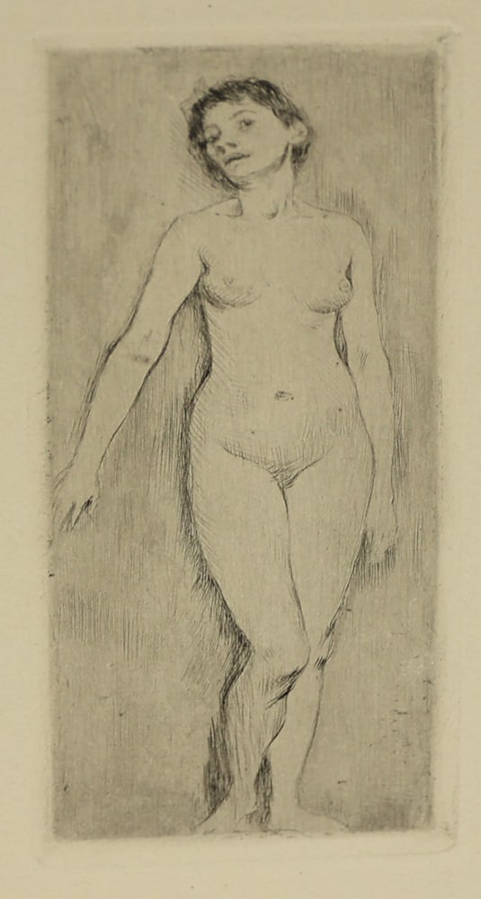 Lovis Corinth (Tapiau 1858 - 1925 Zandvoort): Lovis Corinth (Tapiau 1858 - 1925 Zandvoort)Standing nudeetching/paper 14,8 x 6,2 cmSCHÄTZPREIS / ESTIMATE °€ 100 - 200STARTPREIS / STARTING PRICE °€ 100