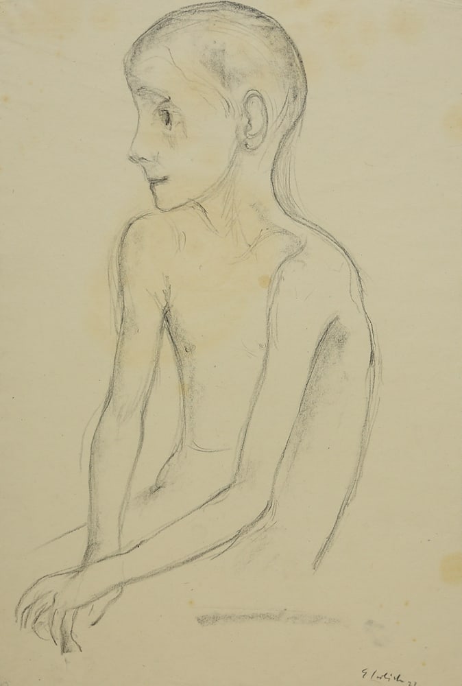 Georg Ehrlich* (Vienna 1897 - 1966 Lucerne): Georg Ehrlich* (Vienna 1897 - 1966 Lucerne)Sitting boy, 1922charcoal/paper 53 x 38 cmsigned Ehrlich, dated 22SCHÄTZPREIS / ESTIMATE °€ 150 - 250STARTPREIS / S