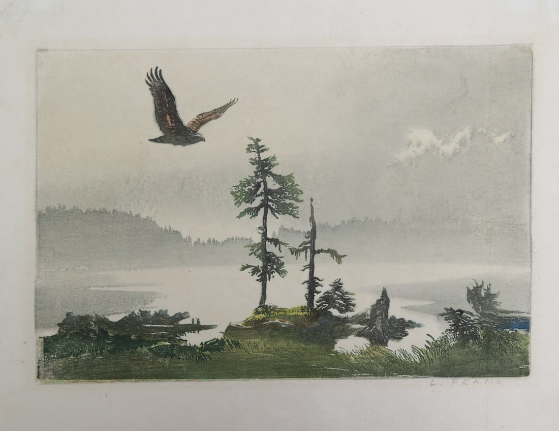 Leo Frank* (Vienna 1884 - 1959 Perchtoldsdorf): Leo Frank* (Vienna 1884 - 1959 Perchtoldsdorf)Landscape with eaglecolor woodcut/paper 20 x 30,5 cmsigned L. FrankSCHÄTZPREIS / ESTIMATE € 100 - 200STARTPREIS