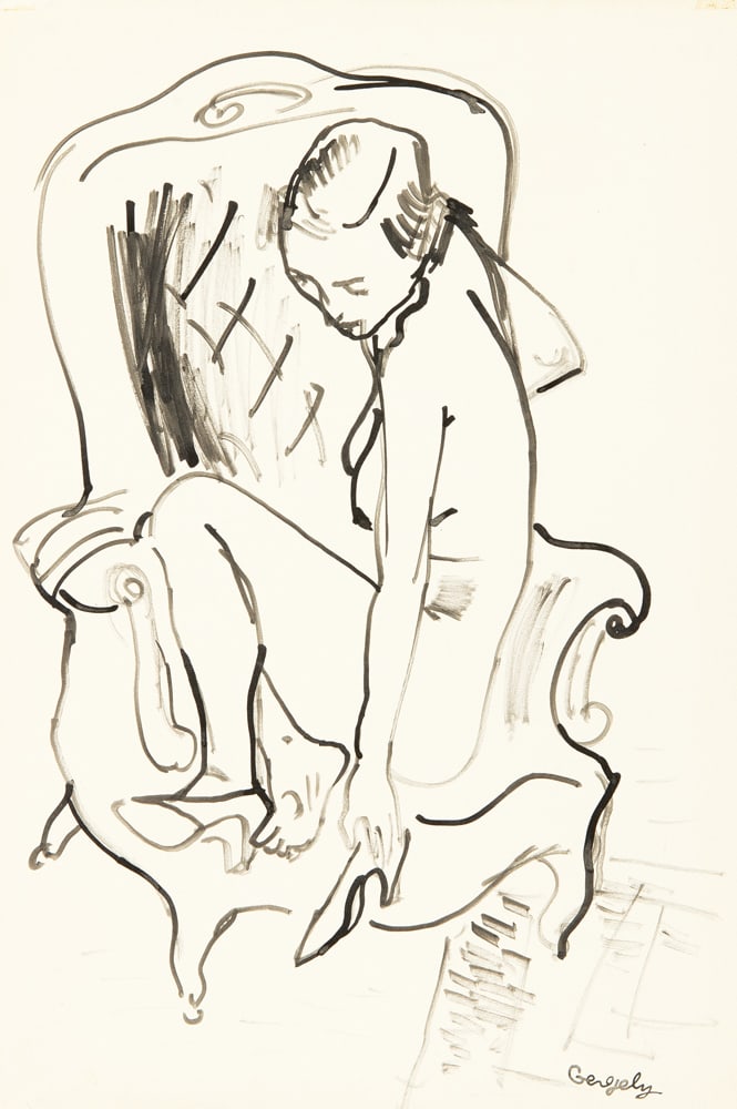 Tibor Gergely* (Budapest 1900 - 1978 New York): Tibor Gergely* (Budapest 1900 - 1978 New York)Nude with shoesindian ink/paper 44,4 x 31,2 cmsigned GergelySCHÄTZPREIS / ESTIMATE °€ 200 - 300STARTPREIS / STAR