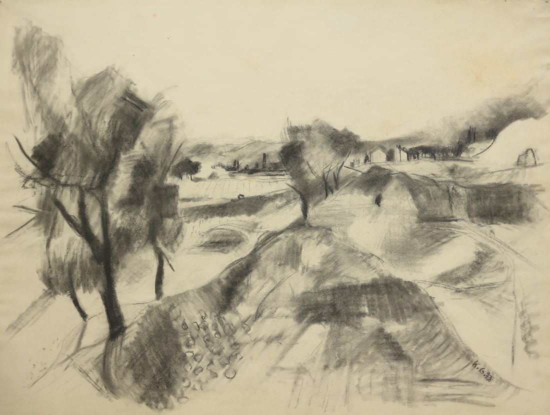 Karl Josef Gunsam* (Vienna 1900 - 1972 Vienna): Karl Josef Gunsam* (Vienna 1900 - 1972 Vienna)Landscape, 1923charcoal/paper 44 x 57 cmmonogrammed K. G., dated 23verso estate stampSCHÄTZPREIS / ESTIMATE °€ 1