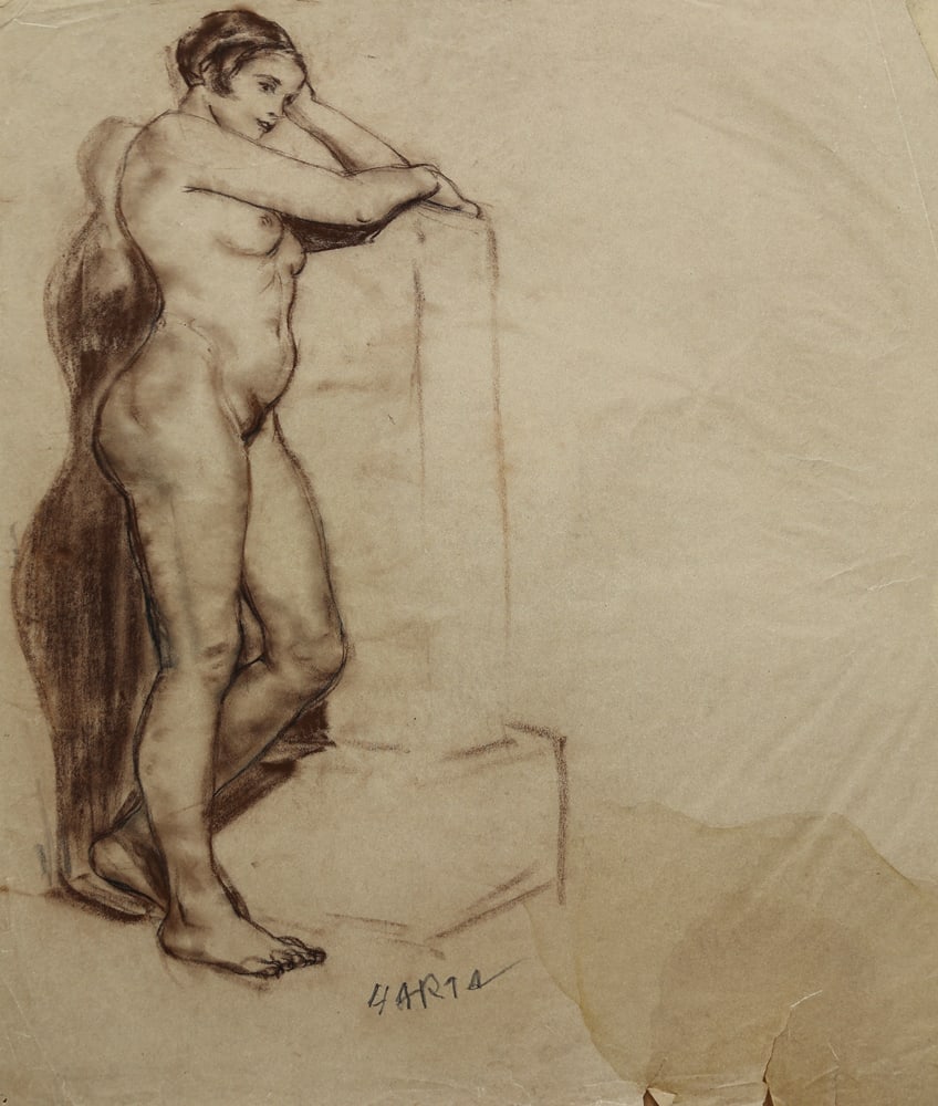 Felix Albrecht Harta* (Budapest 1884 - 1967 Salzburg): Felix Albrecht Harta* (Budapest 1884 - 1967 Salzburg)Standing nude IIcrayon/paper 60 x 48,3 cmsigned HartaSCHÄTZPREIS / ESTIMATE °€ 150 - 300STARTPREIS / STAR