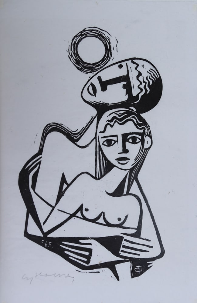 Carry Hauser* (Vienna 1895 - 1985 Rekawinkel): Carry Hauser* (Vienna 1895 - 1985 Rekawinkel)Boy, moon and girl, 1956linocut/paper 48,4 x 31,5 cmsigned Carry Hauser, monogrammed and dated in the plate CH 56.4.SCHÄTZP