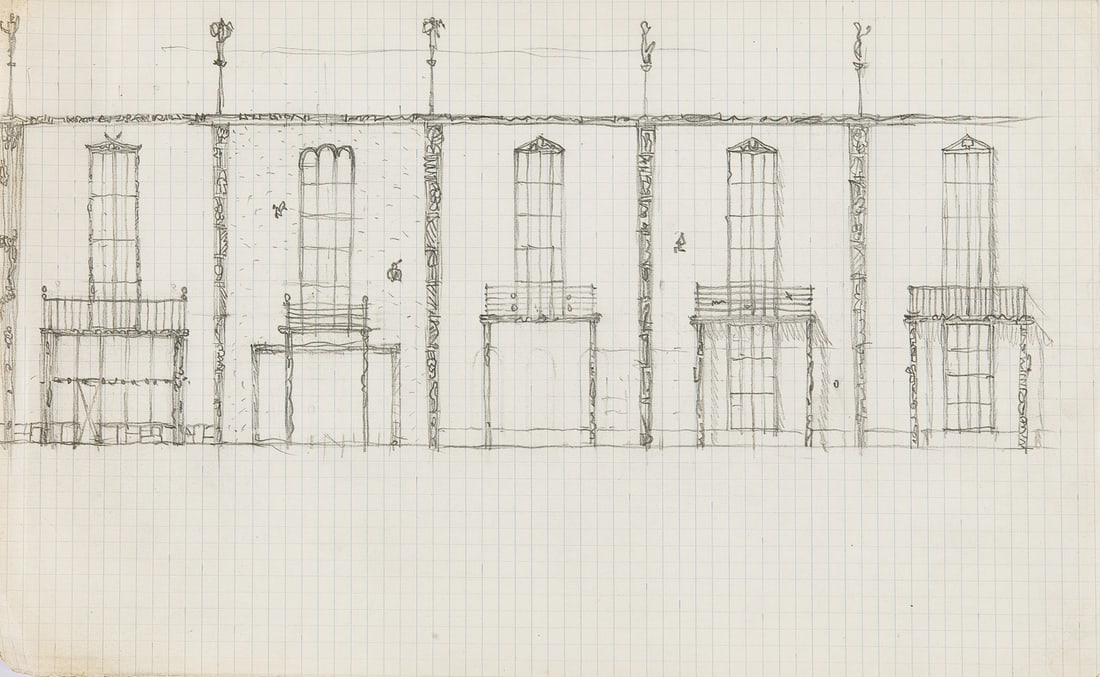 Josef Hoffmann* (Pirnitz 1870 - 1956 Vienna): Josef Hoffmann* (Pirnitz 1870 - 1956 Vienna)Design for a facadepencil/paper 21 x 34 cmSCHÄTZPREIS / ESTIMATE °€ 300 - 600STARTPREIS / STARTING PRICE °€ 300