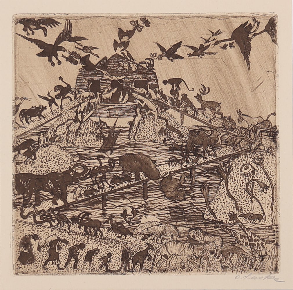 Oskar Laske (Chernivtsi 1874 - 1951 Vienna): Oskar Laske (Chernivtsi 1874 - 1951 Vienna)Noah's arcetching/paper 17,8 x 17,8 cmsigned O. LaskeSCHÄTZPREIS / ESTIMATE € 300 - 600STARTPREIS / STARTING PRICE