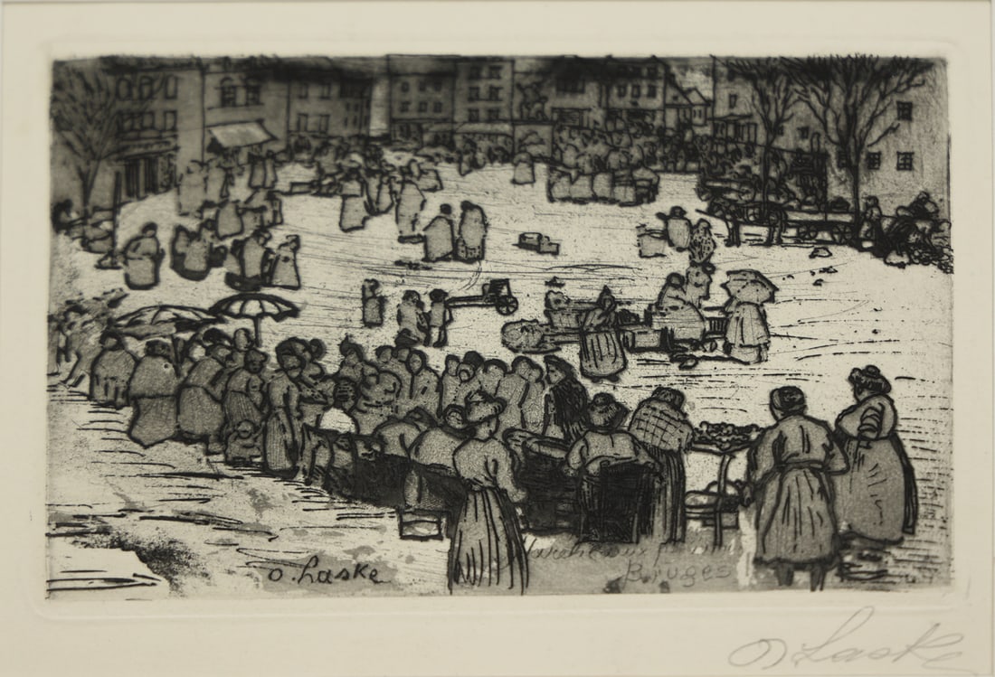 Oskar Laske (Chernivtsi 1874 - 1951 Vienna): Oskar Laske (Chernivtsi 1874 - 1951 Vienna)Fish market in Brugesetching/paper 11,1 x 17,2 cmsigned O. Laskesigned and inscribed in the plate O. Laske Marche aux Poissons, Bruges