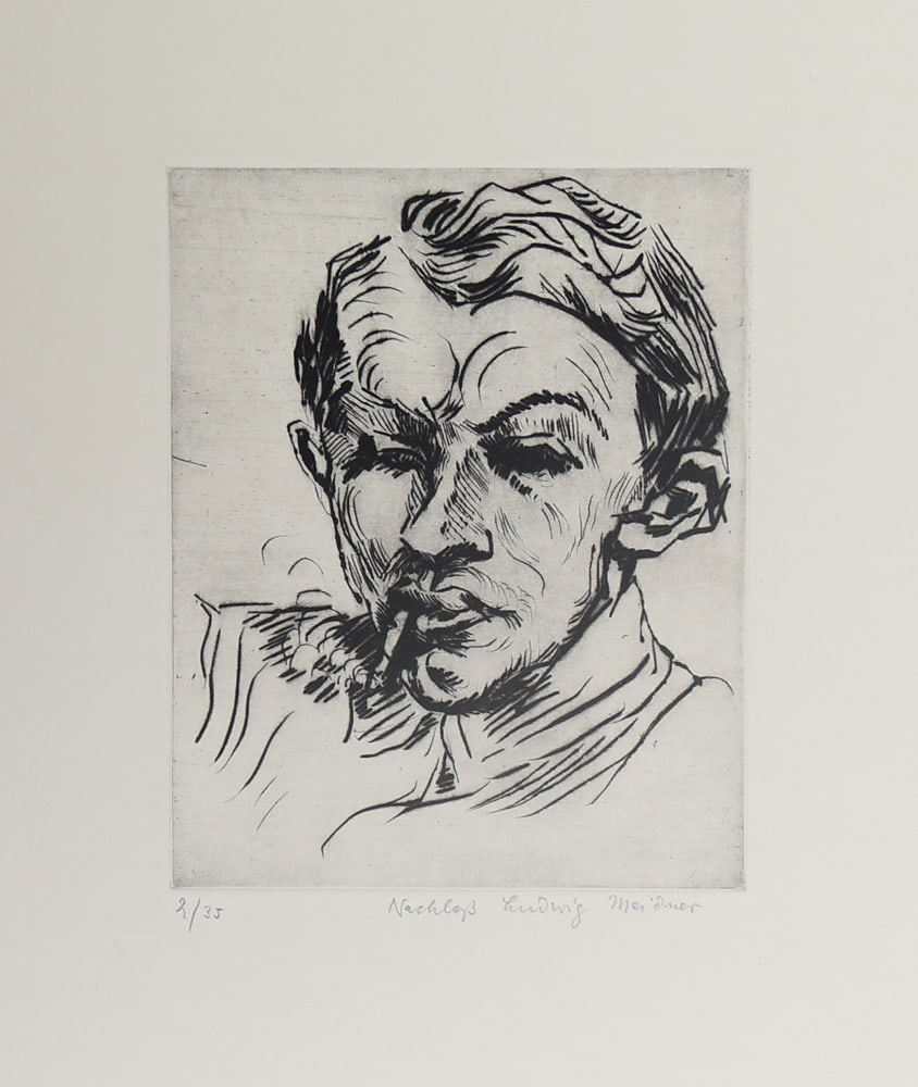 Ludwig Meidner* (Bernstadt an der Weide 1884 - 1966 Darmstadt): Ludwig Meidner* (Bernstadt an der Weide 1884 - 1966 Darmstadt)Smokeretching/paper 14,7 x 11,9 cminscribed Nachlass Ludwig Meidner, numbered 2/35verso estate stampS