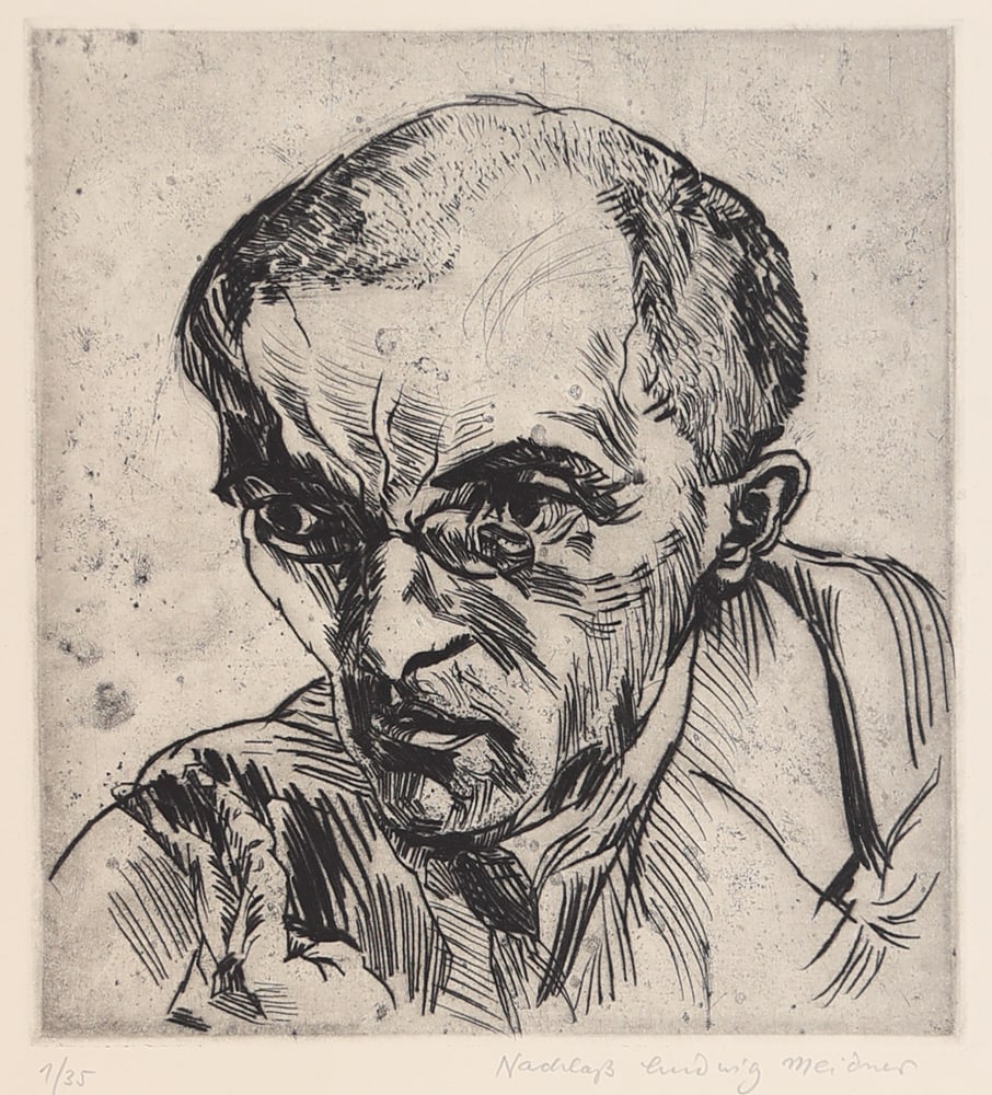Ludwig Meidner* (Bernstadt an der Weide 1884 - 1966 Darmstadt): Ludwig Meidner* (Bernstadt an der Weide 1884 - 1966 Darmstadt)Portrait with glassesetching/paper 19,4 x 17,3 cminscribed Nachlass Ludwig Meidner, numbered 1/35verso estate stamp