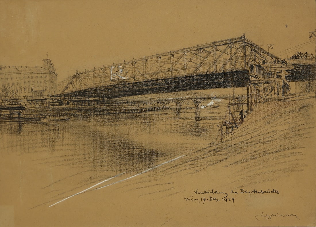 Ludwig Michalek (Temeswar 1859 - 1942 Vienna): Ludwig Michalek (Temeswar 1859 - 1942 Vienna)Relocation of the Brigittenauer Bridge, 1924pencil/paper 27 x 37 cmsigned Ludwig Michalek, dated Wien 17. Dez. 1924inscribed Verschiebung der Brigitten