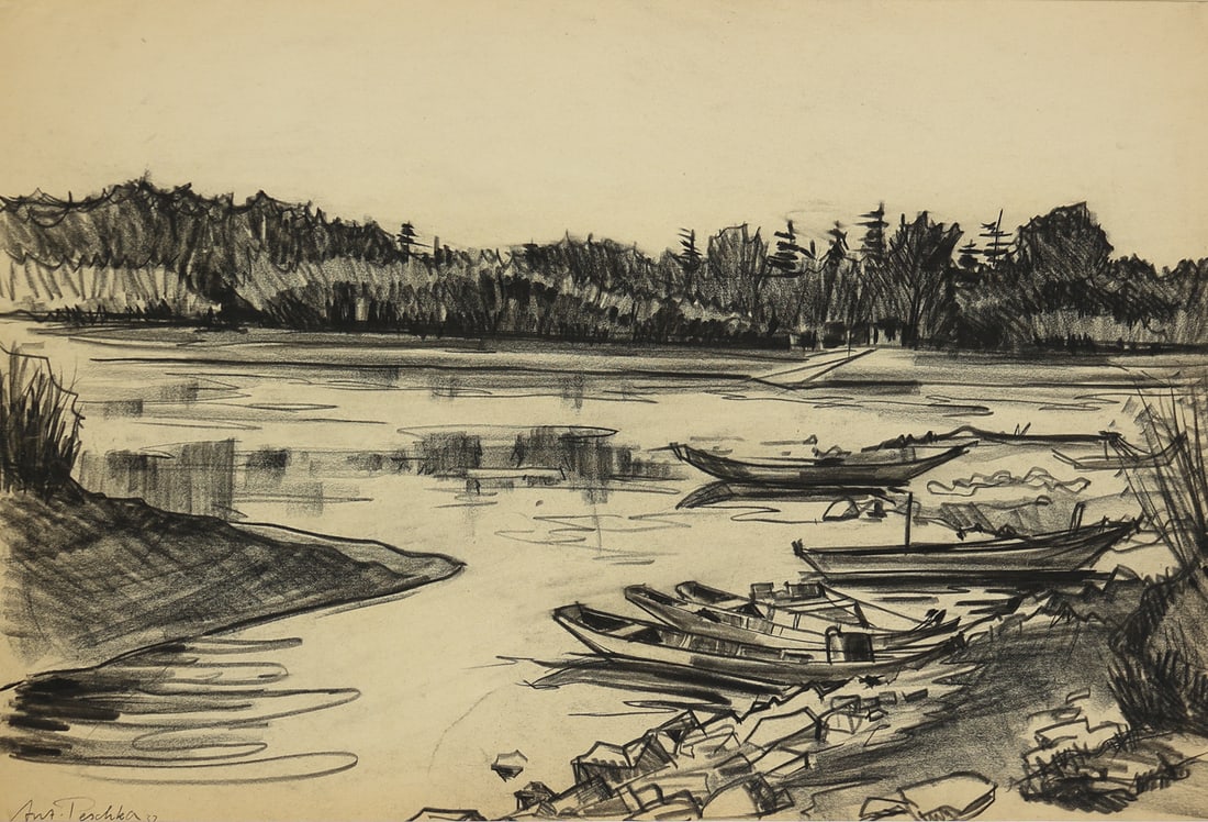 Anton Peschka (Vienna 1885 - 1940 Vienna): Anton Peschka (Vienna 1885 - 1940 Vienna)Lakeside, 1932charcoal/paper 35,5 x 51,5 cmsigned Anton Peschka, dated 32SCHÄTZPREIS / ESTIMATE °€ 150 - 300STARTPREI