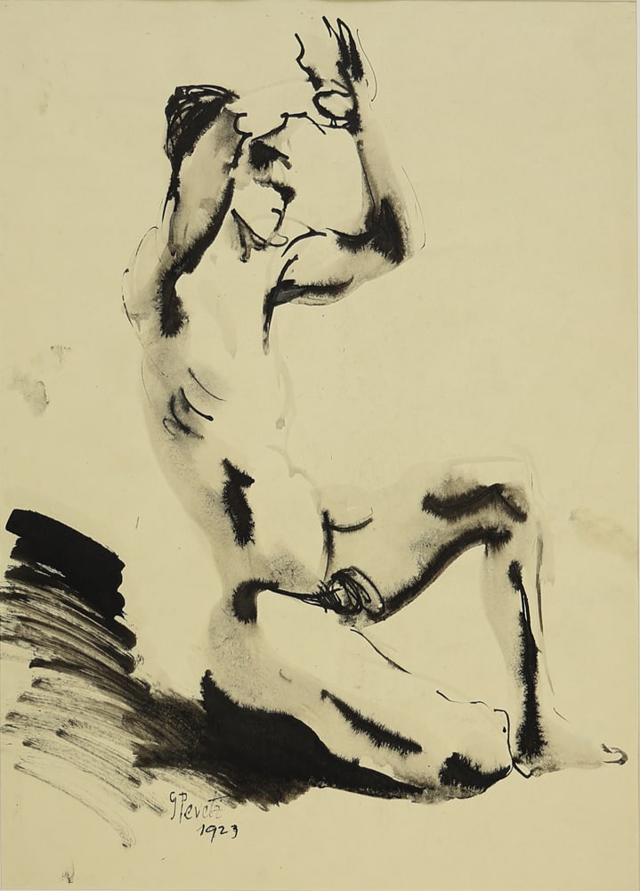 Georg Pevetz* (Pettau 1893 - 1971 Vienna): Georg Pevetz* (Pettau 1893 - 1971 Vienna)Kneeling nude, 1923ink, washed/paper 50 x 35 cmsigned G Pevetz, dated 1923SCHÄTZPREIS / ESTIMATE °€ 150 - 300STARTPRE