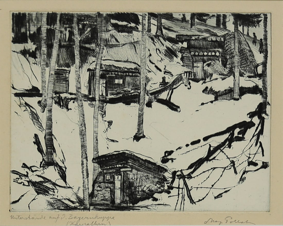 Max Pollak (Prague 1886 - 1950 New York): Max Pollak (Prague 1886 - 1950 New York)Shelters on the Bayernkuppe in the Carpathiansetching/paper 13,7 x 13,3 cmsigned Max Pollak, inscribed Unterstände auf d. Bayernkuppe (Karpathen)