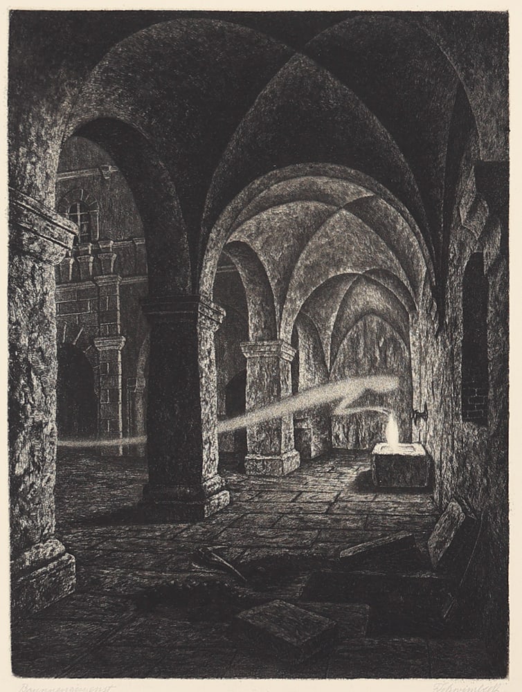 Fritz Schwimbeck* (Munich 1889 - 1977 Friedberg): Fritz Schwimbeck* (Munich 1889 - 1977 Friedberg)Ghost of the welletching/paper 27 x 20 cmsigned F Schwimbeck, inscribed BrunnengespenstSCHÄTZPREIS / ESTIMATE °€ 200 - 400STARTPREIS / STARTING
