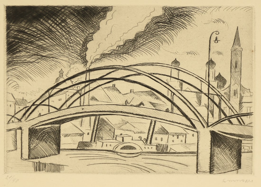Richard Seewald* (Choszczno 1889 - 1976 Munich): Richard Seewald* (Choszczno 1889 - 1976 Munich)Bridge Passauetching/paper 13,5 x 17,7 cmsigned Seewald, numbered 21/40SCHÄTZPREIS / ESTIMATE °€ 150 - 300STARTPREIS / STARTING PRICE °€