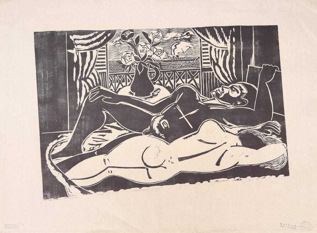 Heinz Steiner* (Vienna 1905 - 1974 Vienna): Heinz Steiner* (Vienna 1905 - 1974 Vienna)Southern nightwoodcut/paper 34,5 x 53,5 cminscribed Südliche Nacht, numbered 2/10Artists and estate stampSCHÄTZPREIS / ES