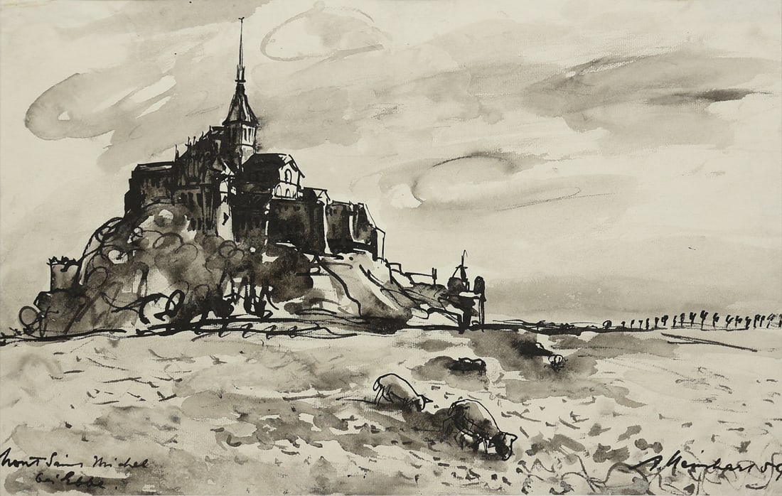 Anton Steinhart* (Salzburg 1889 - 1964 Salzburg): Anton Steinhart* (Salzburg 1889 - 1964 Salzburg)Mont Saint Michel at low tide, 1959indian ink/paper 31 x 49 cmsigned A. Steinhart, dated 59inscribed Mont Saint Michel bei Ebbe