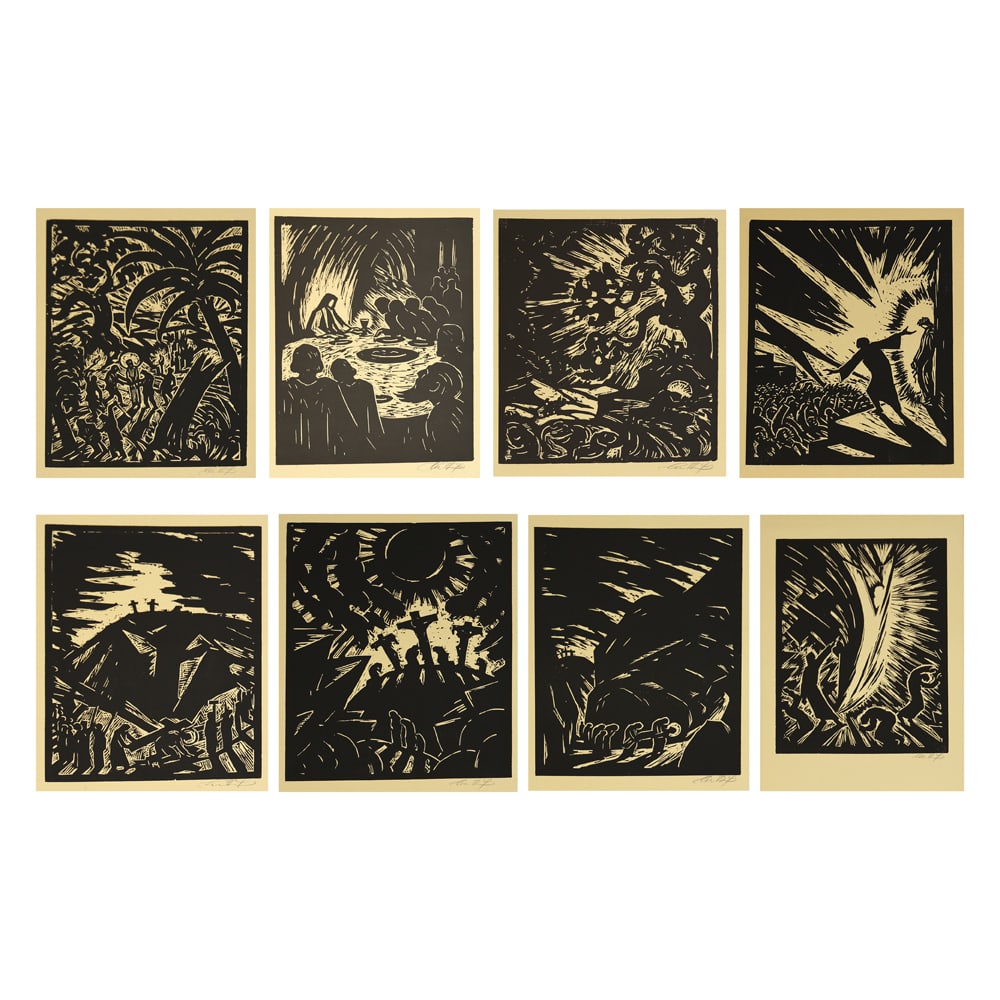 Max Thalmann (Rudolstadt 1890 - 1944 Jena): Max Thalmann (Rudolstadt 1890 - 1944 Jena)Passion, 19238 woodcuts/paper 57,7 x 39,7 cmall the sheets signed Thalmann, numbered 108poems by Albert TalhofSCHÄTZPREIS