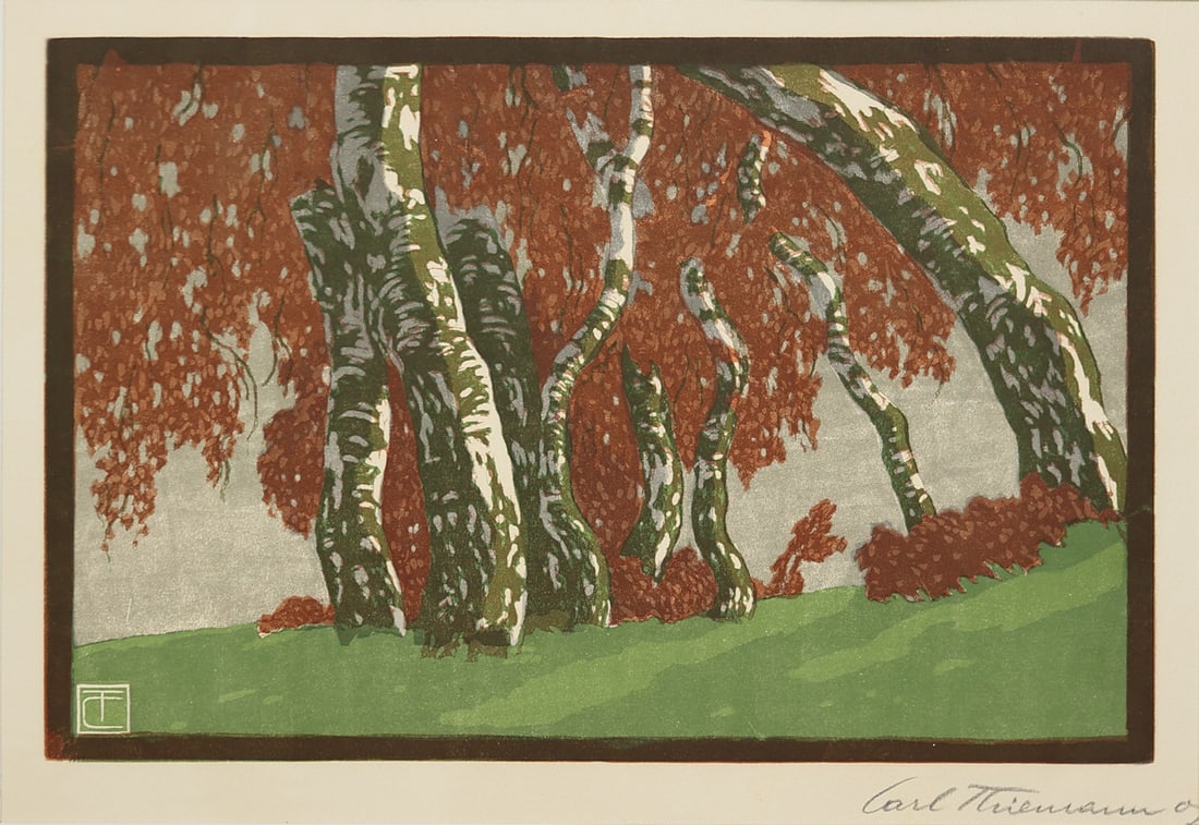 Carl Thiemann* (Karlsbad 1881 - 1966 Deutenhofen): Carl Thiemann* (Karlsbad 1881 - 1966 Deutenhofen)Birch trees, 1907color woodcut/paper 22,7 x 35 cmsigned Carl Thiemann, dated 07monogrammed in the plate CTSCHÄTZPR