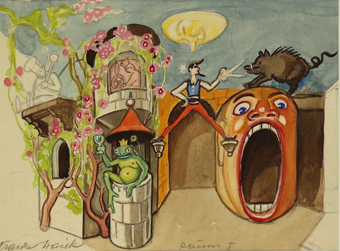 Franz Wacik (Vienna 1883 - 1938 Vienna): Franz Wacik (Vienna 1883 - 1938 Vienna)Design for a beer cellarmixed media/paper 25,5 x 38,5 cmsigned Franz Wacik, inscribed Skizze zu einem Bierkeller Raum ISCHÄTZPREIS / ESTIMATE € 300 -