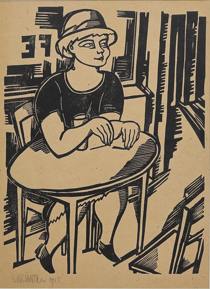 Georg Philipp Wörlen (Dillingen an der Donau 1886 - 1954 Passau): Georg Philipp Wörlen (Dillingen an der Donau 1886 - 1954 Passau)In the café, 1925woodcut/paper 42,5 x 34 cmsigned G. Ph. Wörlen, dated 1925inscribed Probedruck ISC
