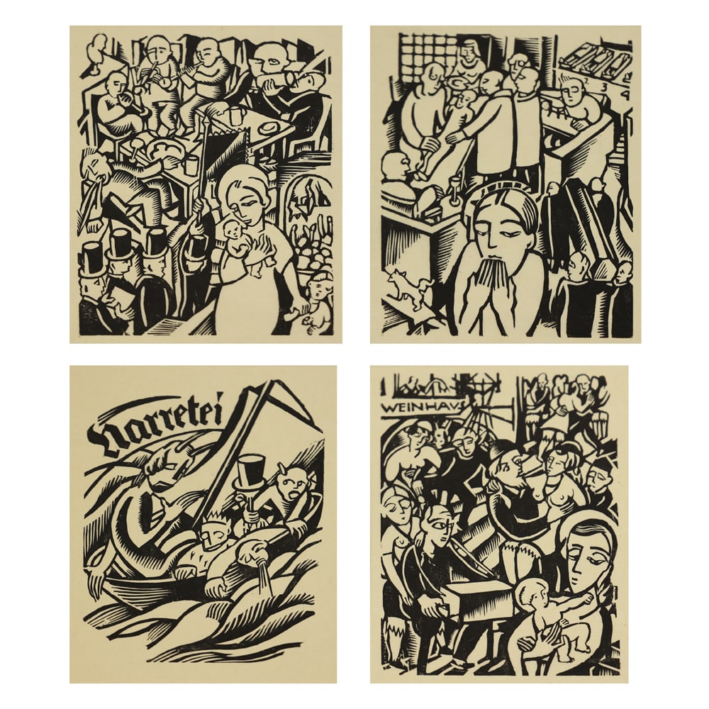 Georg Philipp Wörlen (Dillingen an der Donau 1886 - 1954 Passau): Georg Philipp Wörlen (Dillingen an der Donau 1886 - 1954 Passau)Foolishness4 woodcuts/paper c. 23 x 17 cm3 woodcuts numbered 3/14, 1 woodcut 1/12stamp hand printSC