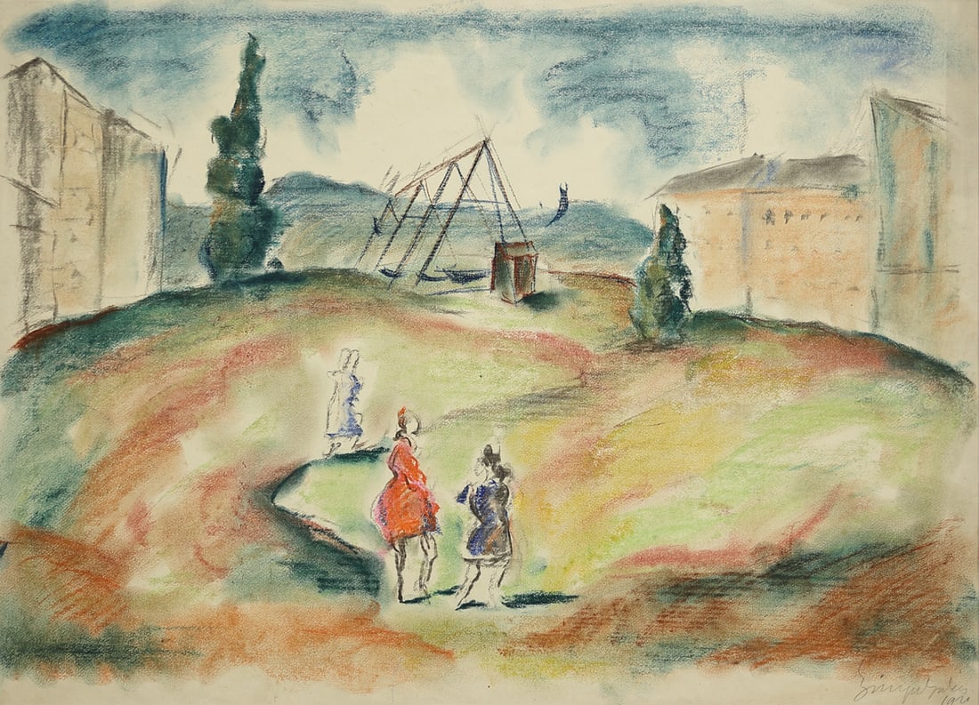Julius Zimpel (Vienna 1896 - 1925 Vienna): Julius Zimpel (Vienna 1896 - 1925 Vienna)Playground, 1921crayon/paper 44,5 x 63,5 cmsigned Zimpel Julius, dated 1921SCHÄTZPREIS / ESTIMATE °€ 150 - 250STARTPR