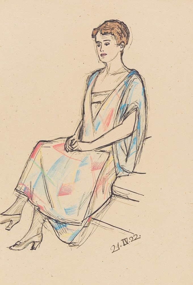 Franz von Zülow* (Vienna 1883 - 1963 Vienna): Franz von Zülow* (Vienna 1883 - 1963 Vienna)Mary Moldauer in a colorful dress, 1922ink and pastel/paper 45 x 31,5 cmdated 21.IV.22SCHÄTZPREIS / ESTIMATE °€ 200 - 4