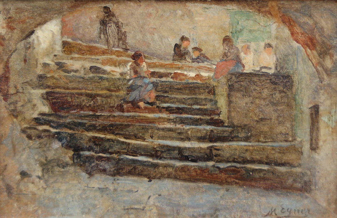 Marie Egner (Bad Radkersburg 1850 - 1940 Vienna): Marie Egner (Bad Radkersburg 1850 - 1940 Vienna) On the Stairs oil/cardboard 9 x 14 cm signed M Egner SCHÄTZPREIS / ESTIMATE € 2000 - 3000 STARTPREIS / STARTING PR
