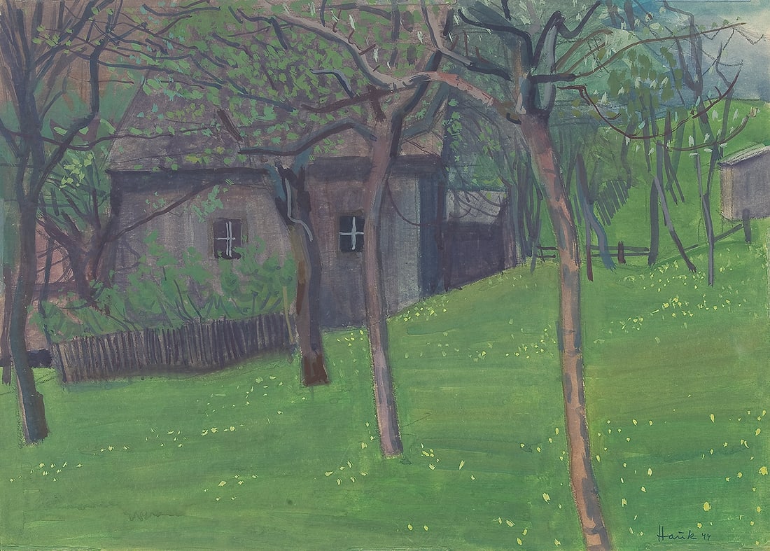 Karl Hauk* (Klosterneuburg 1898 - 1974 Vienna): Karl Hauk* (Klosterneuburg 1898 - 1974 Vienna) Garden at the Grundlsee, 1944 mixed media/paper 36,4 x 50,7 cm signed Hauk, dated 44 SCHÄTZPREIS / ESTIMATE °€ 800 - 120