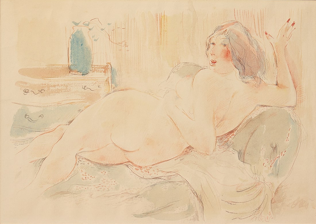 Otto Rudolf Schatz* (Vienna 1900 - 1961 Vienna): Otto Rudolf Schatz* (Vienna 1900 - 1961 Vienna) Lying nude, 1950 watercolor/paper 35,5 x 50 cm monogrammed ORS SCHÄTZPREIS / ESTIMATE € 600 - 1000 STARTPREIS / STA