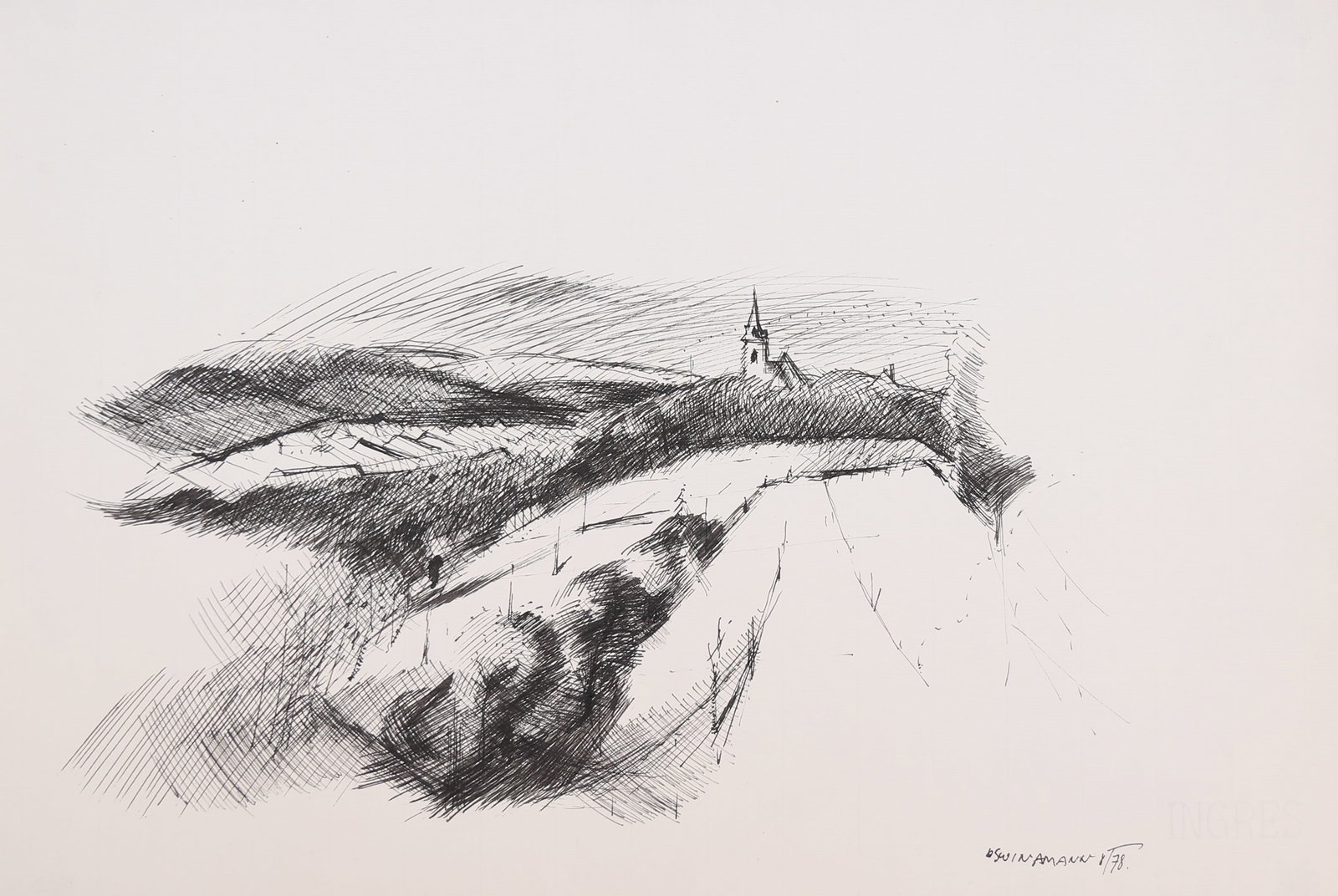 Oswin Amann* (Hohenems 1927 - 2007 Vienna): Oswin Amann* (Hohenems 1927 - 2007 Vienna) Landscape with church, 1978 indian ink/paper 31,9 x 47,9 cm signed Oswin Amann, dated 8/78 SCHÄTZPREIS / ESTIMATE °S