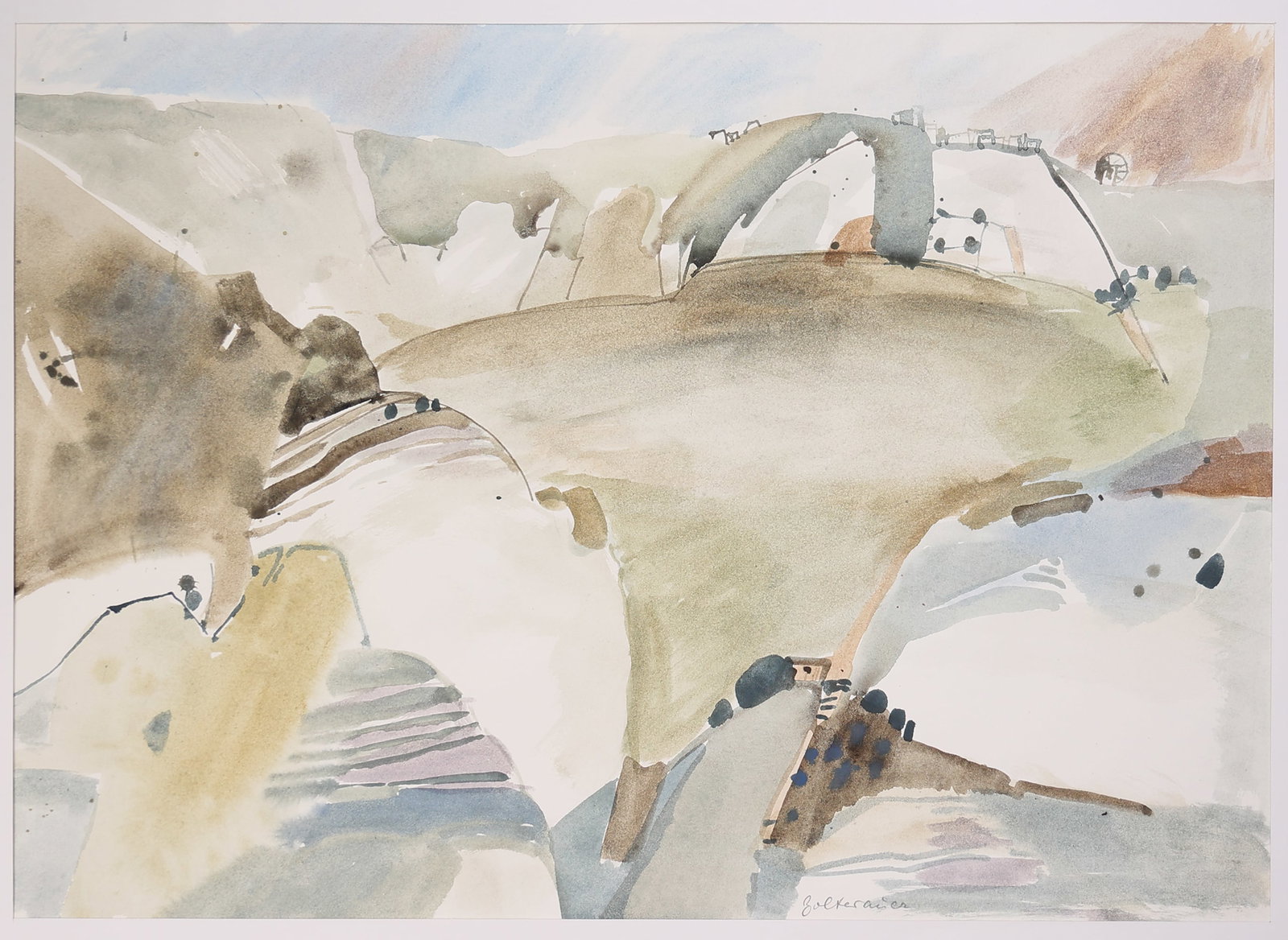 Christl Bolterauer* (born 1933): Christl Bolterauer* (born 1933) Hilly landscape watercolor/paper 35 x 49,6 cm signed Bolterauer SCHÄTZPREIS / ESTIMATE °€ 150 - 300 STARTPREIS / STARTING PRICE °€ 150 An