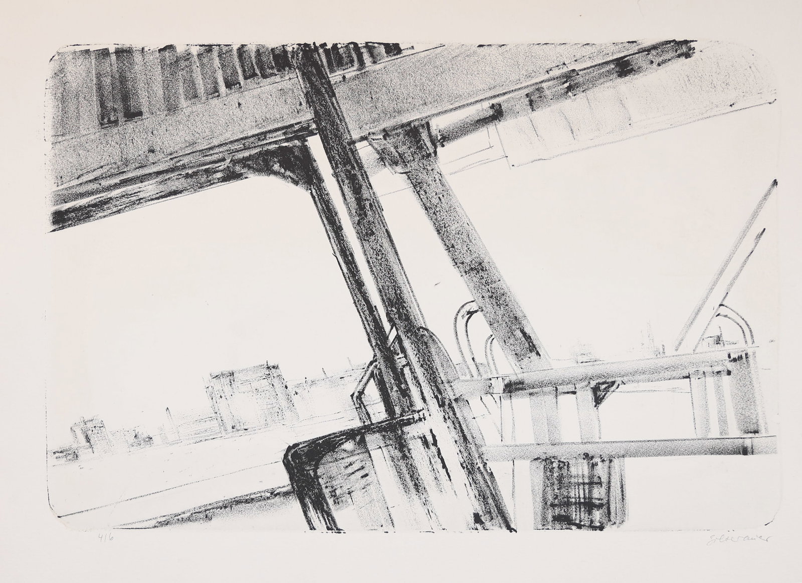 Christl Bolterauer* (born 1933): Christl Bolterauer* (born 1933) Construction site at Danube lithograph/paper 31,2 x 46,7 cm signed Bolterauer, numbered 4/6 SCHÄTZPREIS / ESTIMATE °€ 80 - 150 STARTPREIS / STARTING