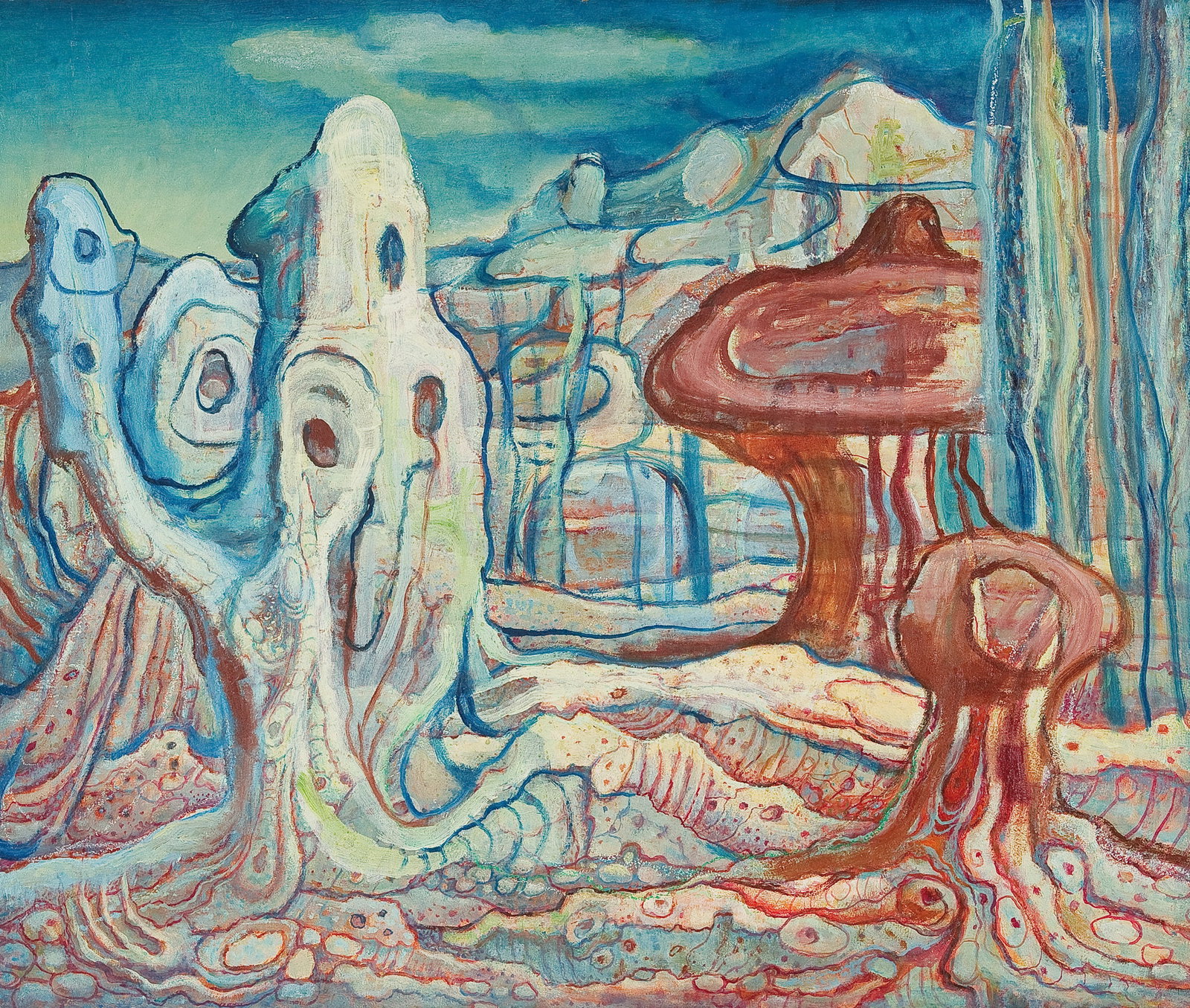 Hans Bren* (Vienna 1900 - 1974 Vienna): Hans Bren* (Vienna 1900 - 1974 Vienna) Imaginary swamp landscape, around 1960 oil/board 58 x 68,8 cm verso estate stamp Hans Bren and confirmation of authenticity of the artist's grandson and the