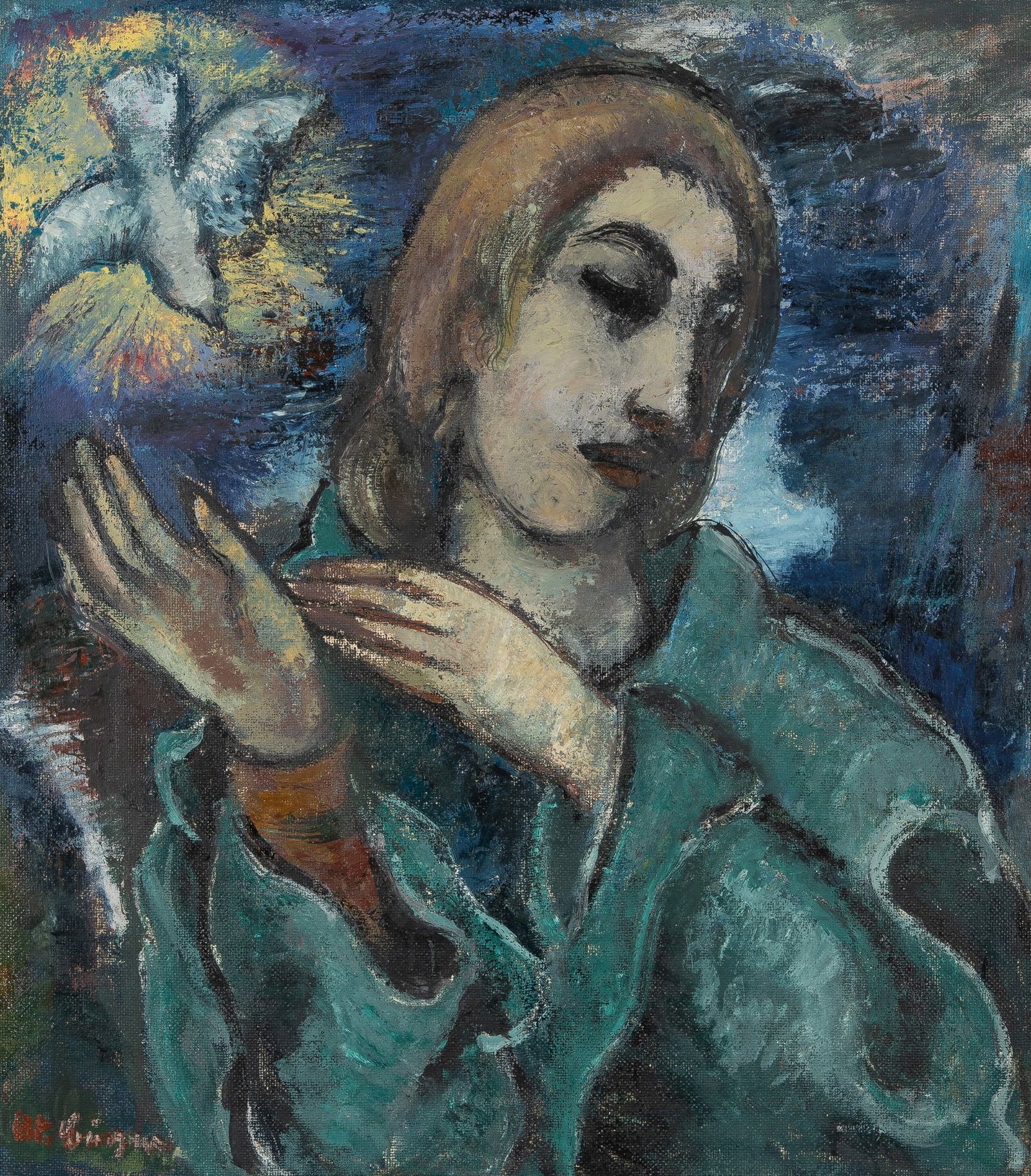 Adolf Büger* (Munich 1885 - 1966 Munich): Adolf Büger* (Munich 1885 - 1966 Munich) Inspiration, 1955 oil/wood 70 x 62 cm signed AW. Büger verso painted over sketch of a female figure, signed and dated Büger 55, label, Inspirati