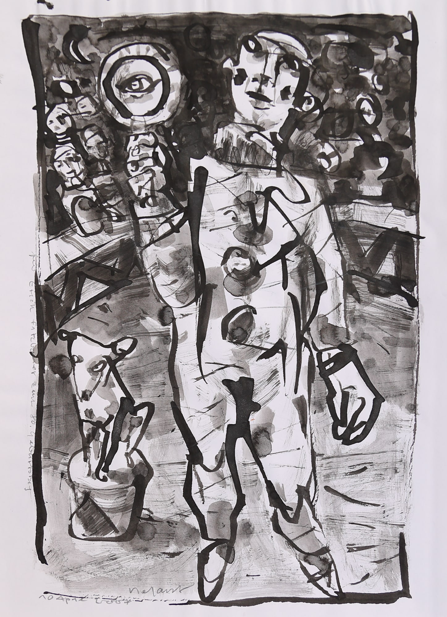 Wolfgang Defant* (born 1957 in Stockholm): Wolfgang Defant* (born 1957 in Stockholm) Circus clown with dog, 2007 indian ink/paper 29,6 x 21 cm signed Defant, dated 10. April 2007 inscribed Für Erich Fitzbauer zum 80. Geburtstag