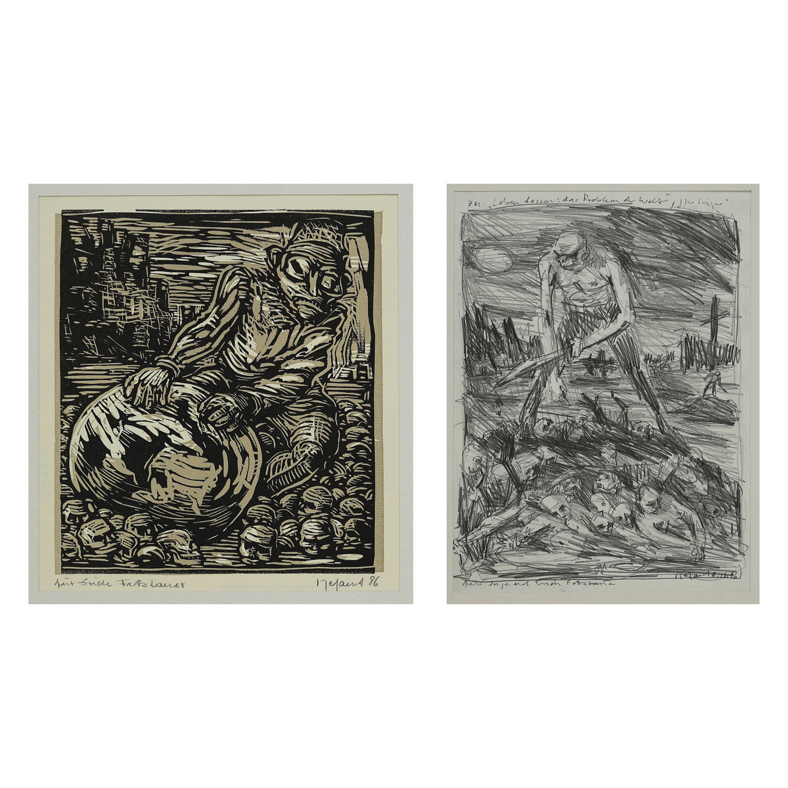 Wolfgang Defant* (born 1957 in Stockholm): Wolfgang Defant* (born 1957 in Stockholm) Bundle of 1 drawing and 1 woodcut 1| The problem of the world, 1996 pencil/paper 29,4 x 21 cm signed Defant, dated 9.18.96 inscribed zu: Leben lassen: das