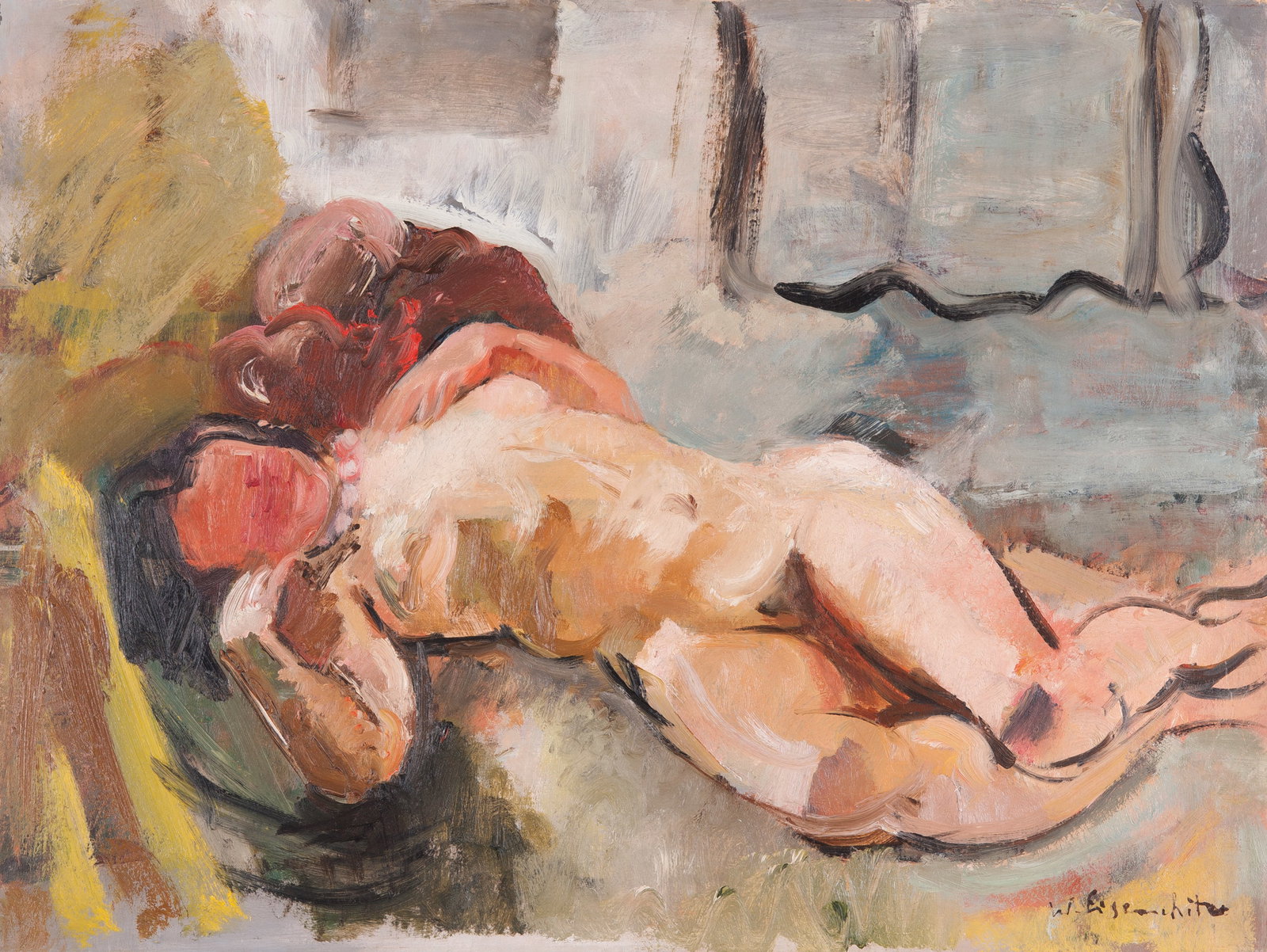 Willy Eisenschitz* (Vienna 1889 - 1974 Paris): Willy Eisenschitz* (Vienna 1889 - 1974 Paris) Lying nude oil/cardboard 49 x 52,5 cm signed W. Eisenschitz SCHÄTZPREIS / ESTIMATE € 4000 - 8000 STARTPREIS / S