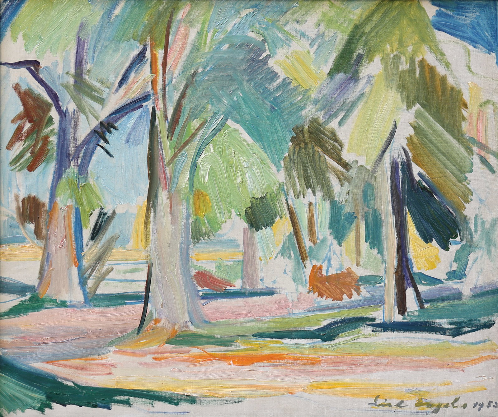 Lisl Engels* (Mödling 1916 - 2006 Thalgauegg): Lisl Engels* (Mödling 1916 - 2006 Thalgauegg) Avenue, 1953 oil/canvas 57 x 68 cm signed Lisl Engels, dated 1953 SCHÄTZPREIS / ESTIMATE € 1400 - 2800 STARTPREIS / S