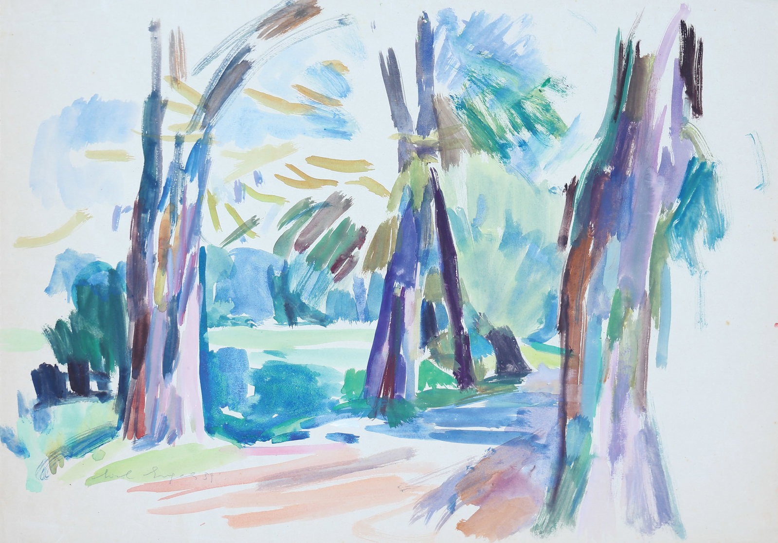 Lisl Engels* (Mödling 1916 - 2006 Thalgauegg): Lisl Engels* (Mödling 1916 - 2006 Thalgauegg) Trees, 1959 watercolor/paper 45 x 63 cm signed Lisl Engels, dated 1959 SCHÄTZPREIS / ESTIMATE € 600 - 1200